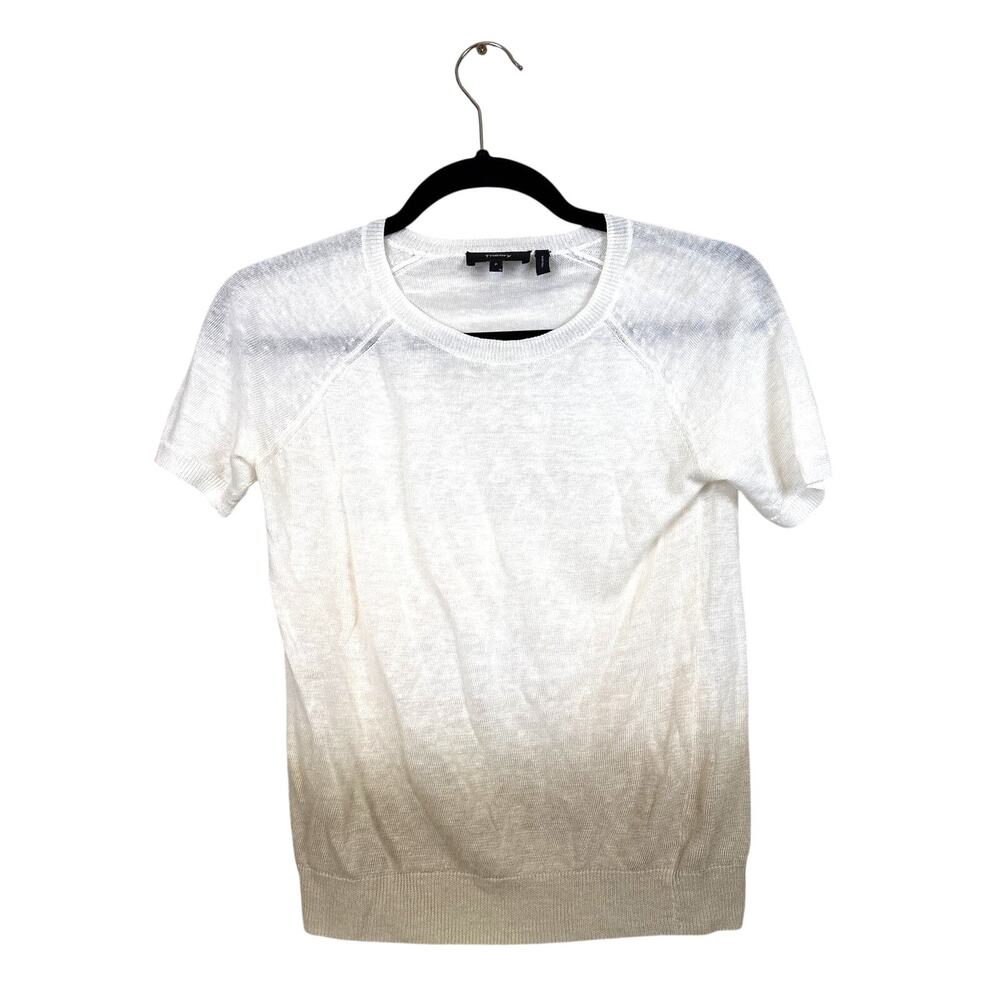 Theory Womens S White Tan Linen Viscose Dip Dye Short Sleeve Knit Top Luxe